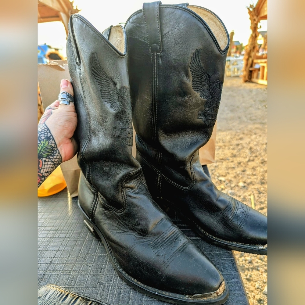 VTG Harley Davidson Black Genuine Leather Tall Cowboy Boots